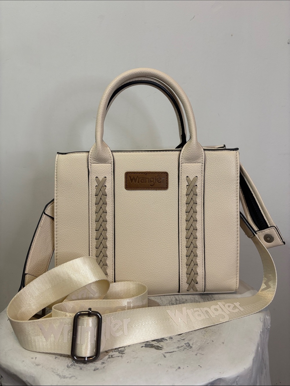 Wrangler Montana West Cream Ivory Braided Whipstitch Structured Tote Bag Medium